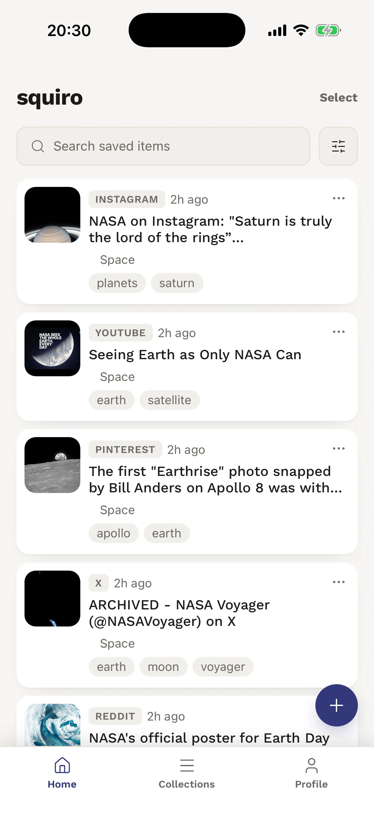 Squiro home library with saved links from Instagram, YouTube, Pinterest, X, and Reddit