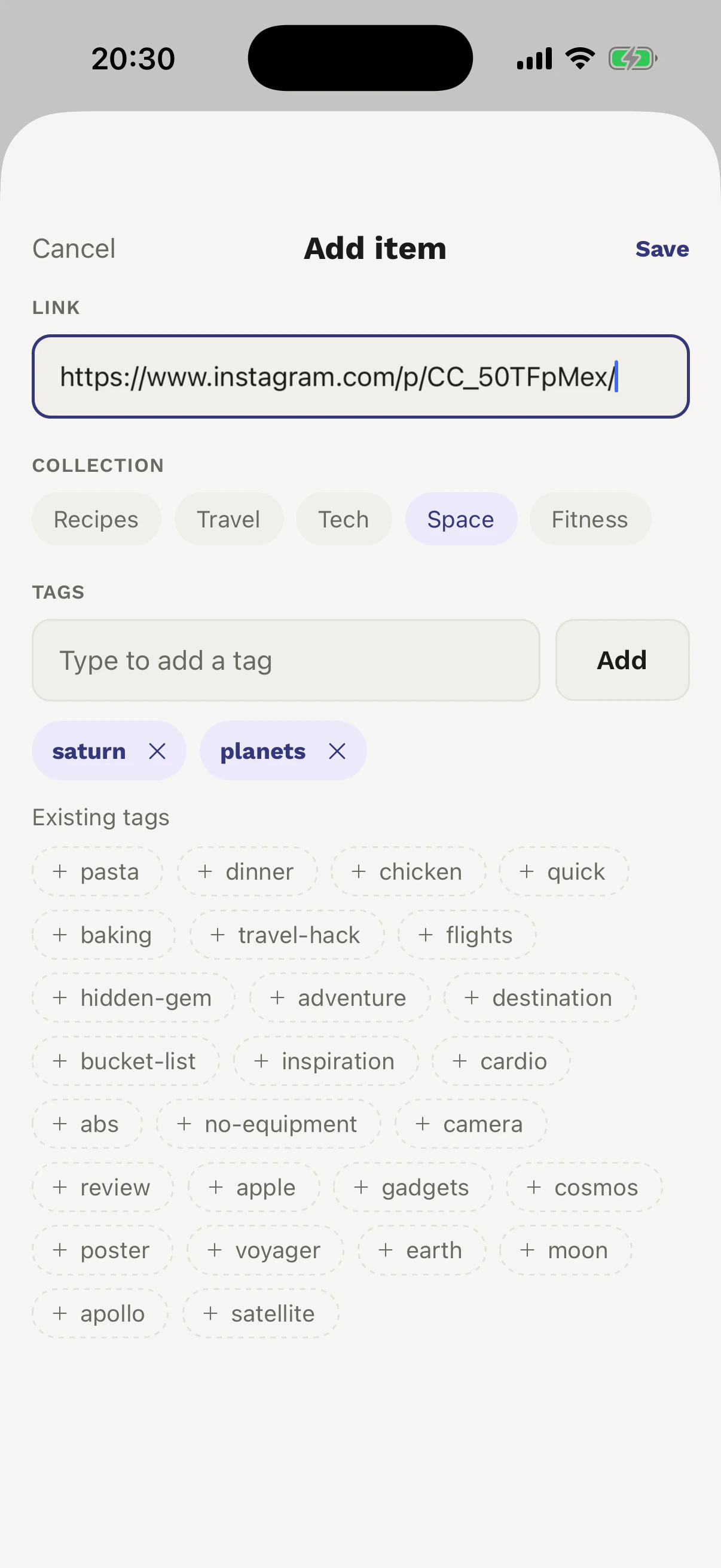 Squiro Add Item screen with a URL, collection picker, and tags