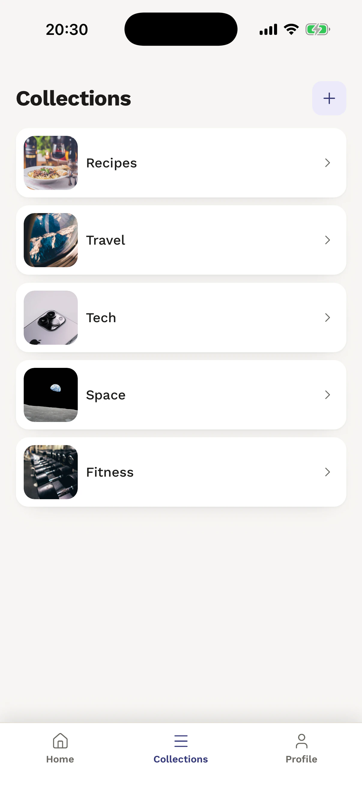 Squiro Collections screen with Recipes, Travel, Tech, Space, and Fitness