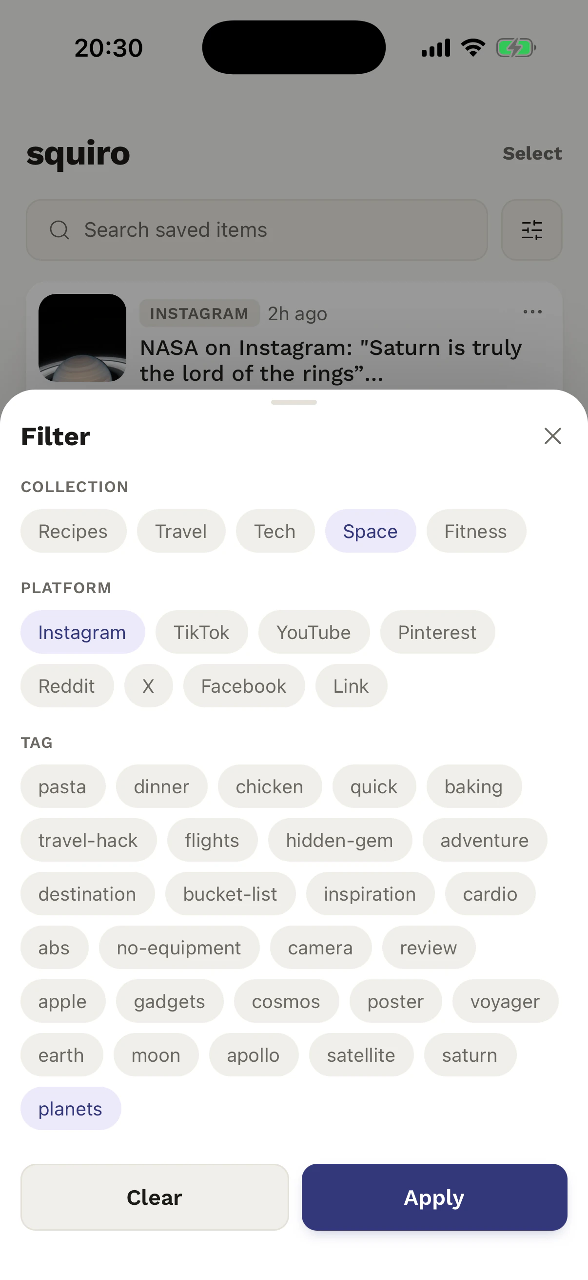 Squiro Filter panel with collection, platform, and tag options